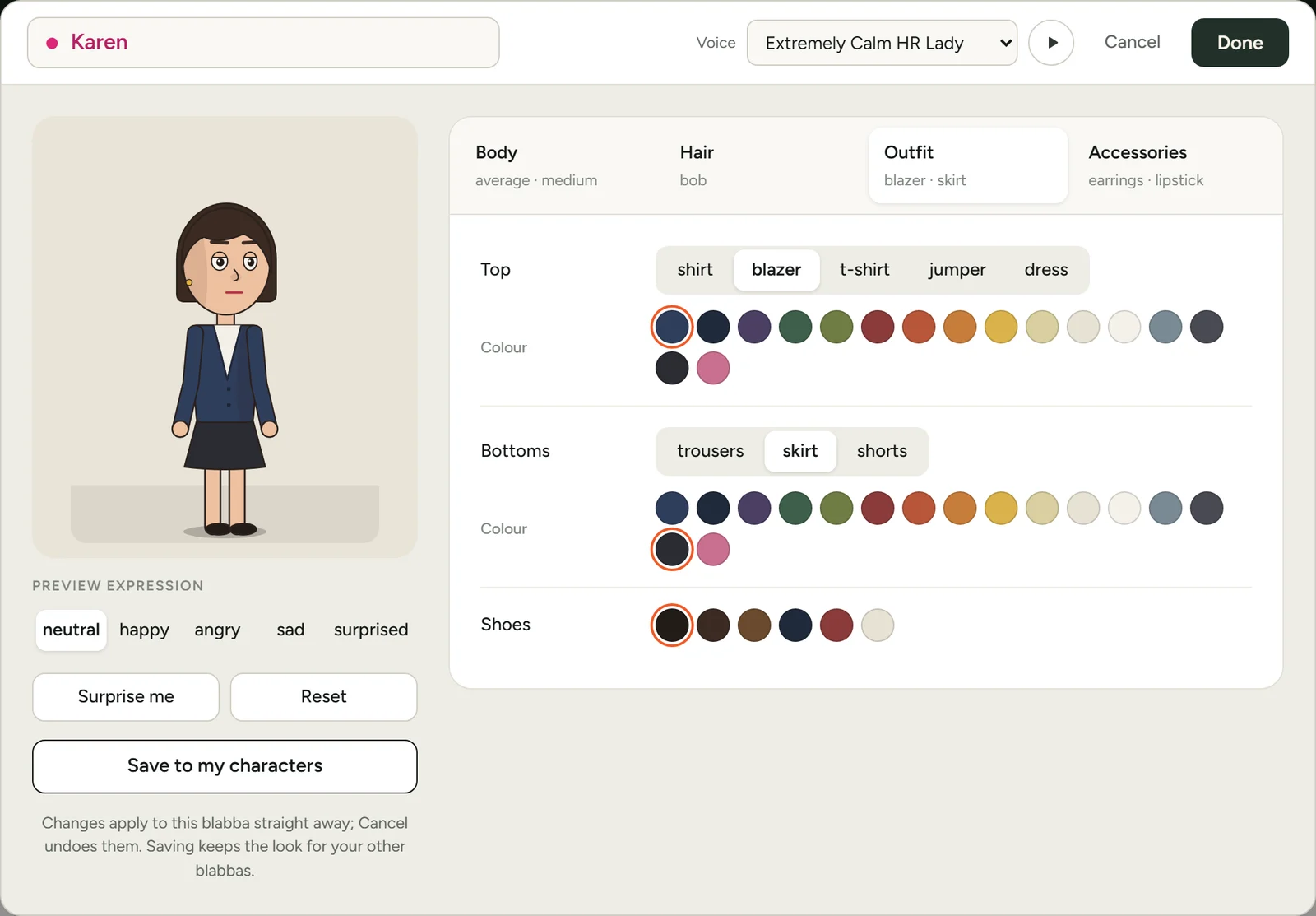 The character editor in the studio, on its Outfit tab.