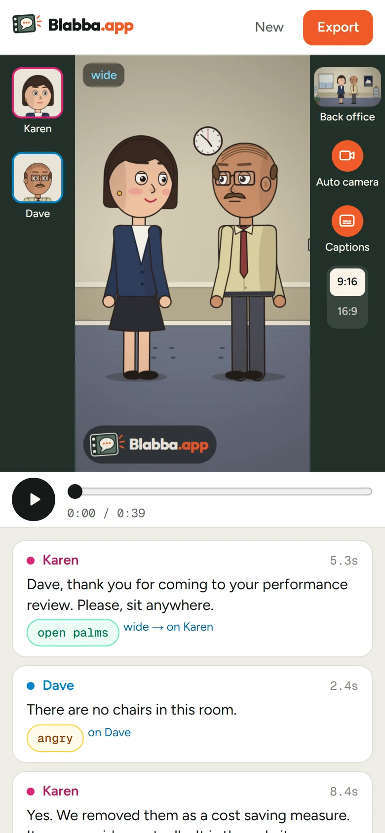 The Blabba mobile editor: the same film in 9:16, the cast beside it and the lines underneath.